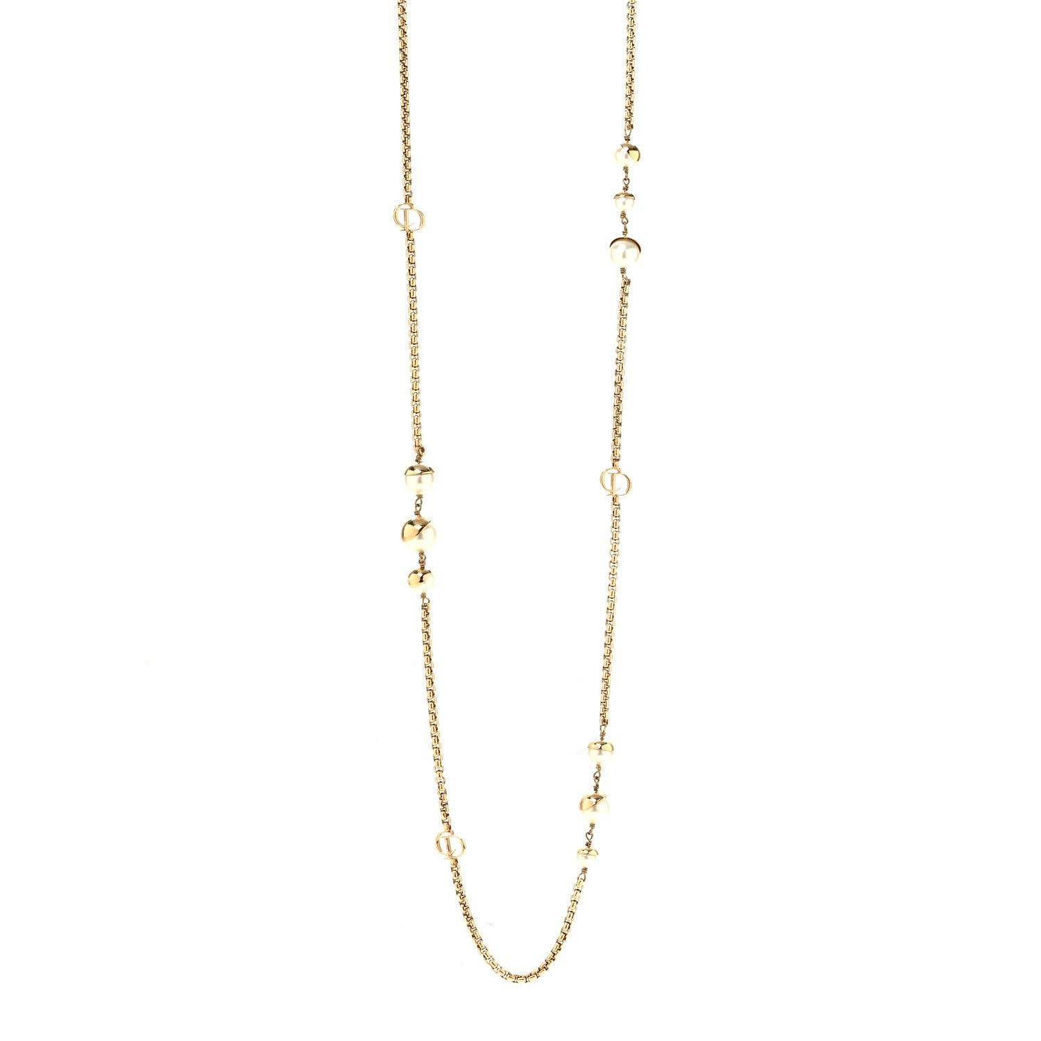 Christian Dior Metal Crystal Pearl CD Necklace Gold 1 of 5