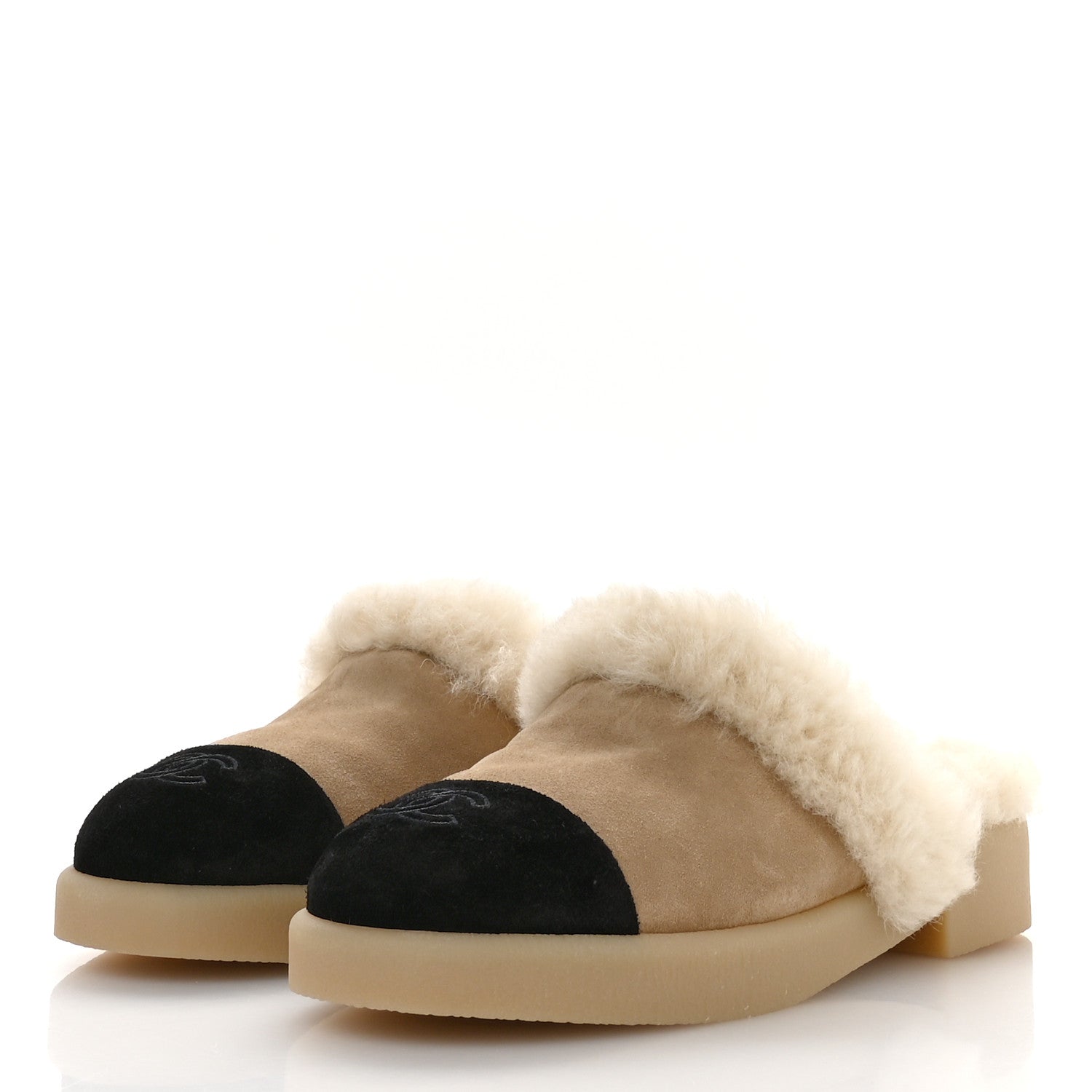 Chanel Suede Shearling CC Cap Toe Mules 41 Beige Black 4 of 8