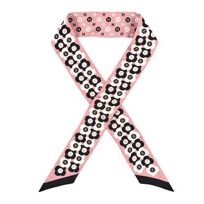 Chanel Silk Slim Reversible Camellia CC Bandeau Scarf Black White Pink 1 of 3