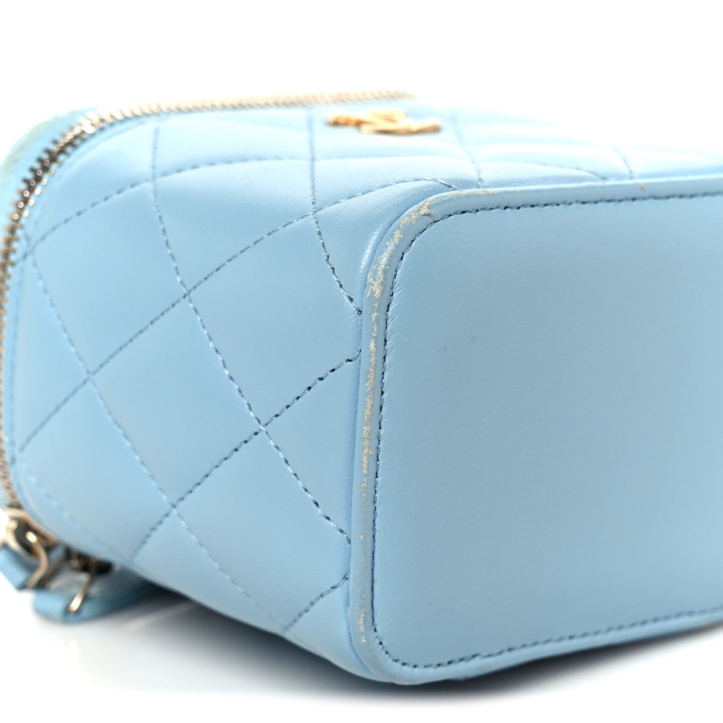 Lambskin Quilted Pearl Crush Mini Vanity Case With Chain Light Blue