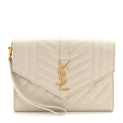 Saint Laurent Grain De Poudre Textured Mixed Matelasse Triquilt Monogram Clutch Crema Soft 1 of 9