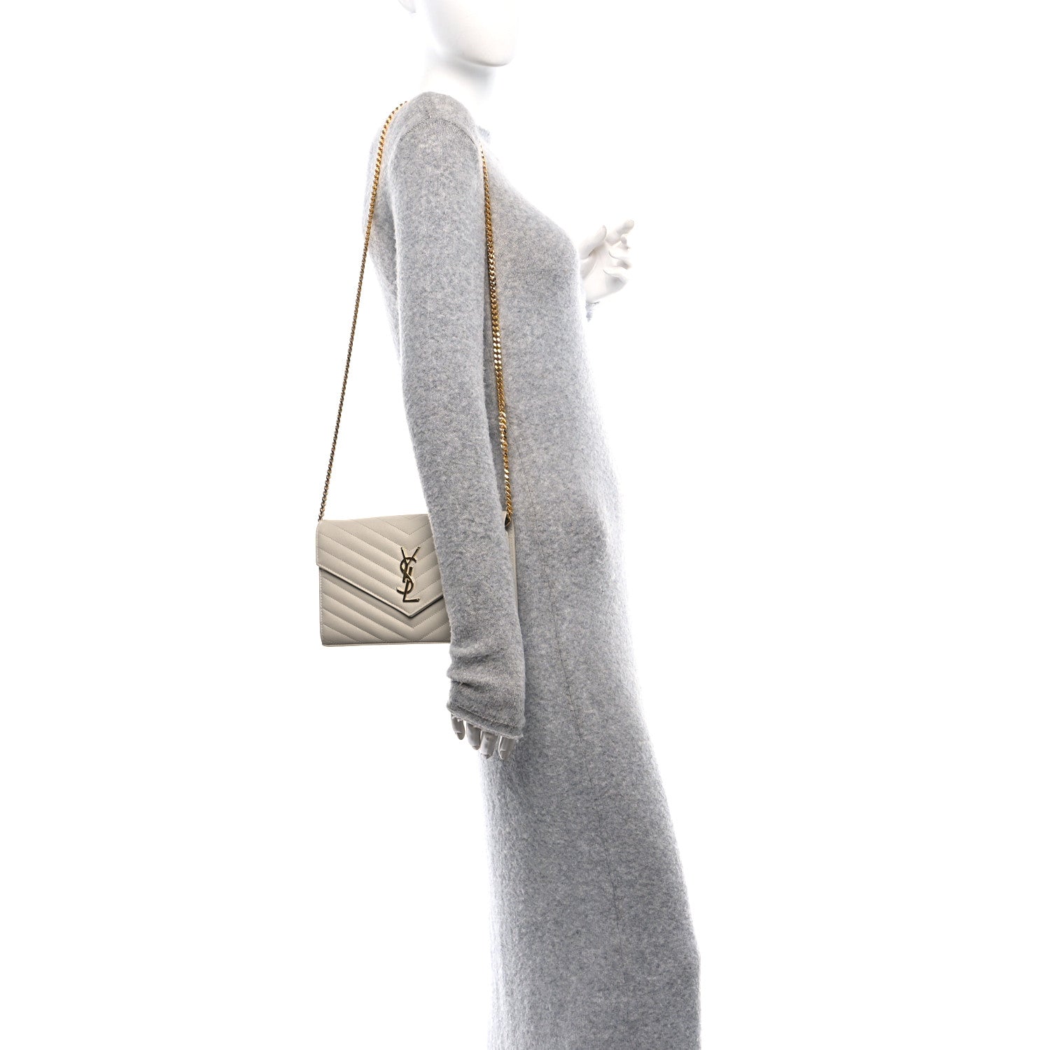 Saint Laurent Grain De Poudre Matelasse Chevron Monogram Chain Wallet Crema Soft 2 of 10