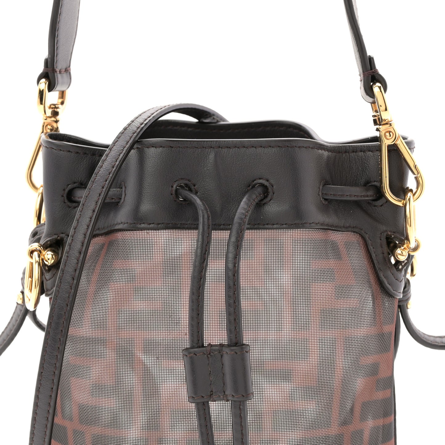 Mesh Vitello Grace F is Fendi FF 1974 Mini Mon Tresor Bucket Bag Marrone Black Ebano