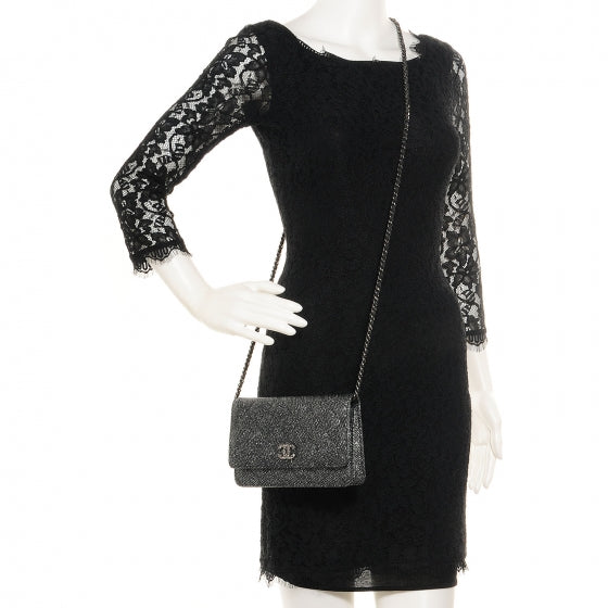 Glitter Calfskin Quilted Wallet on Chain WOC Black Silver