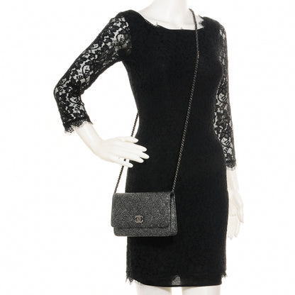 Chanel Glitter Calfskin Quilted Wallet on Chain WOC Black Silver 2 of 9