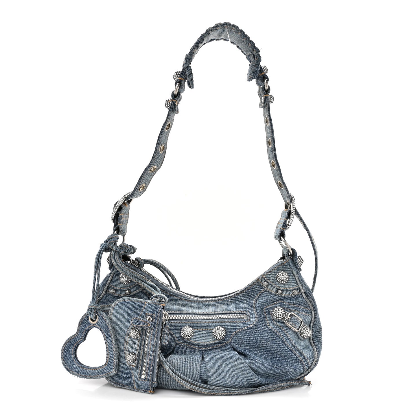 Washed Frayed Denim Crystal Small Le Cagole Shoulder Bag Blue