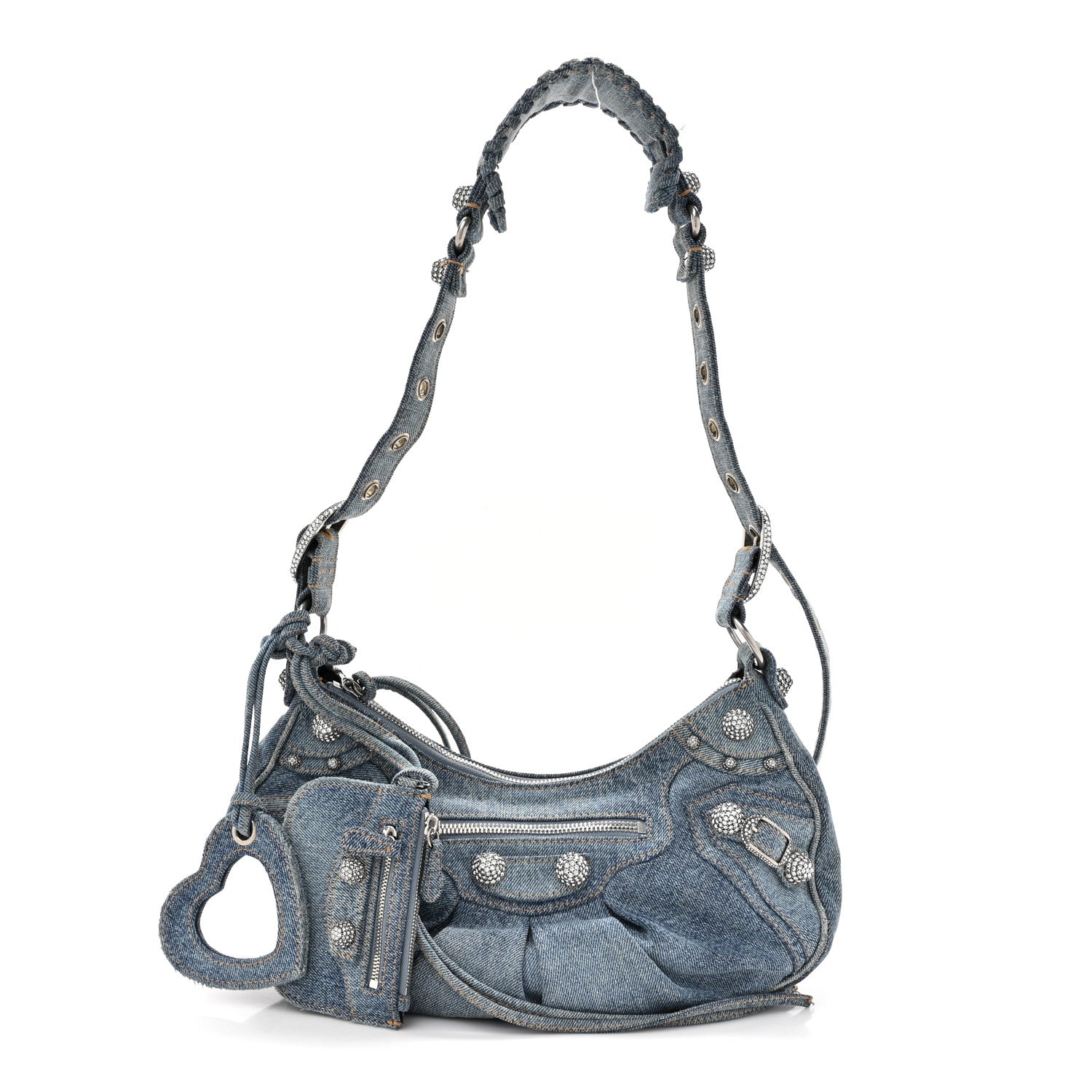 Balenciaga Washed Frayed Denim Crystal Small Le Cagole Shoulder Bag Blue 1 of 11