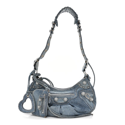 Balenciaga Washed Frayed Denim Crystal Small Le Cagole Shoulder Bag Blue 1 of 11