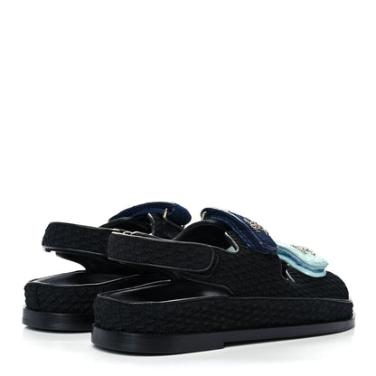 Chanel Knit Fabric Velcro Dad Sandals 38.5 Black Dark Blue Light Blue 3 of 9