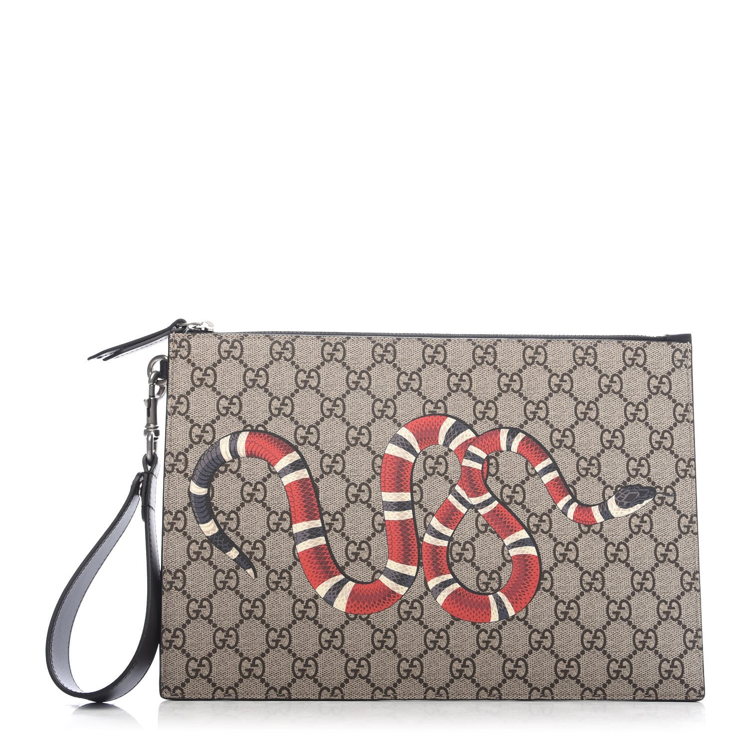 Gucci GG Supreme Monogram Kingsnake Zip Wristlet Pouch Beige Black 1 of 7