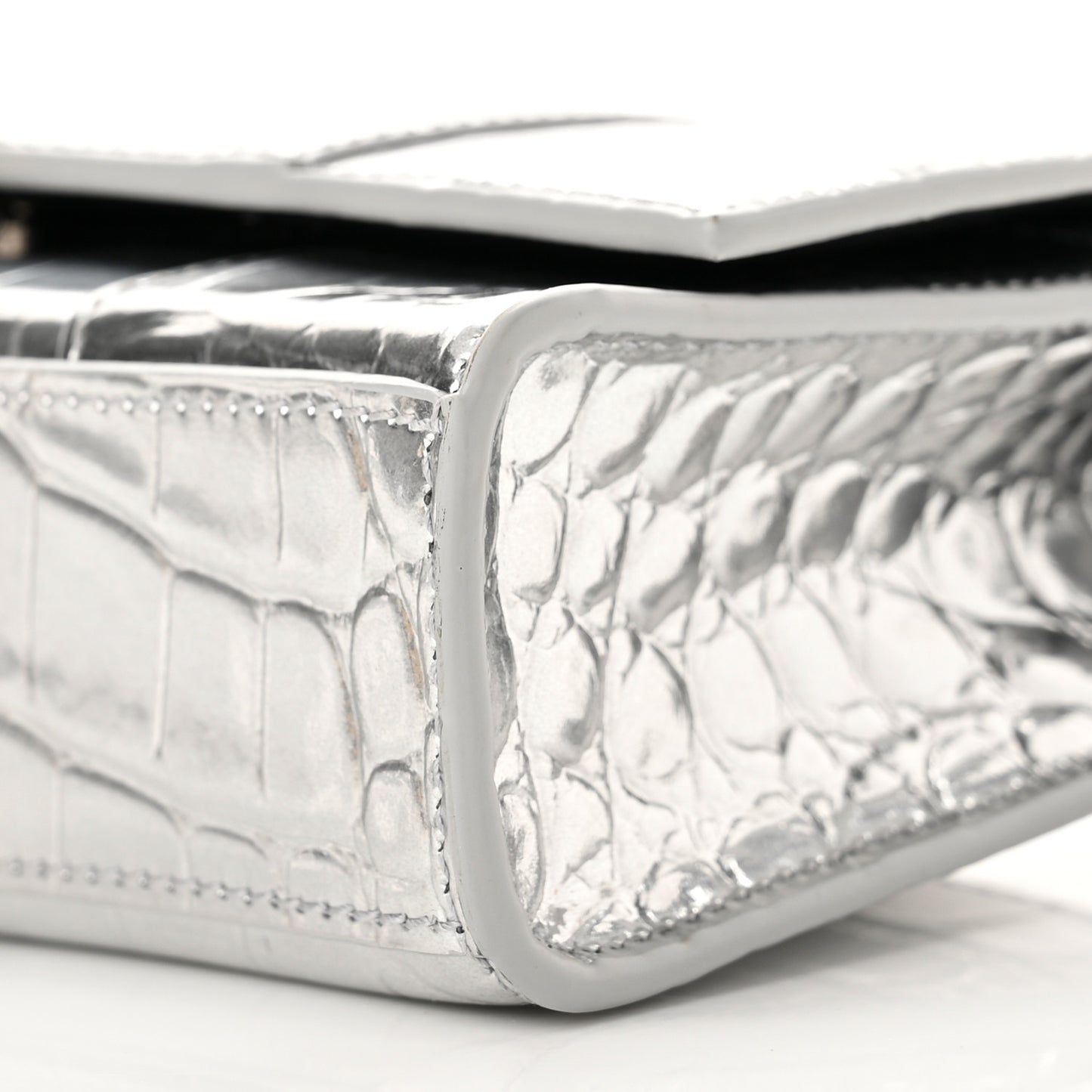 Metallic Calfskin Crocodile Embossed Hourglass Chain Bag Silver