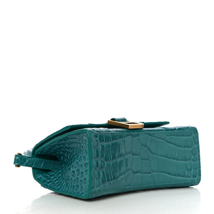 Balenciaga Shiny Calfskin Crocodile Embossed Hourglass Top Handle Bag XS Dark Turquoise 4 of 18