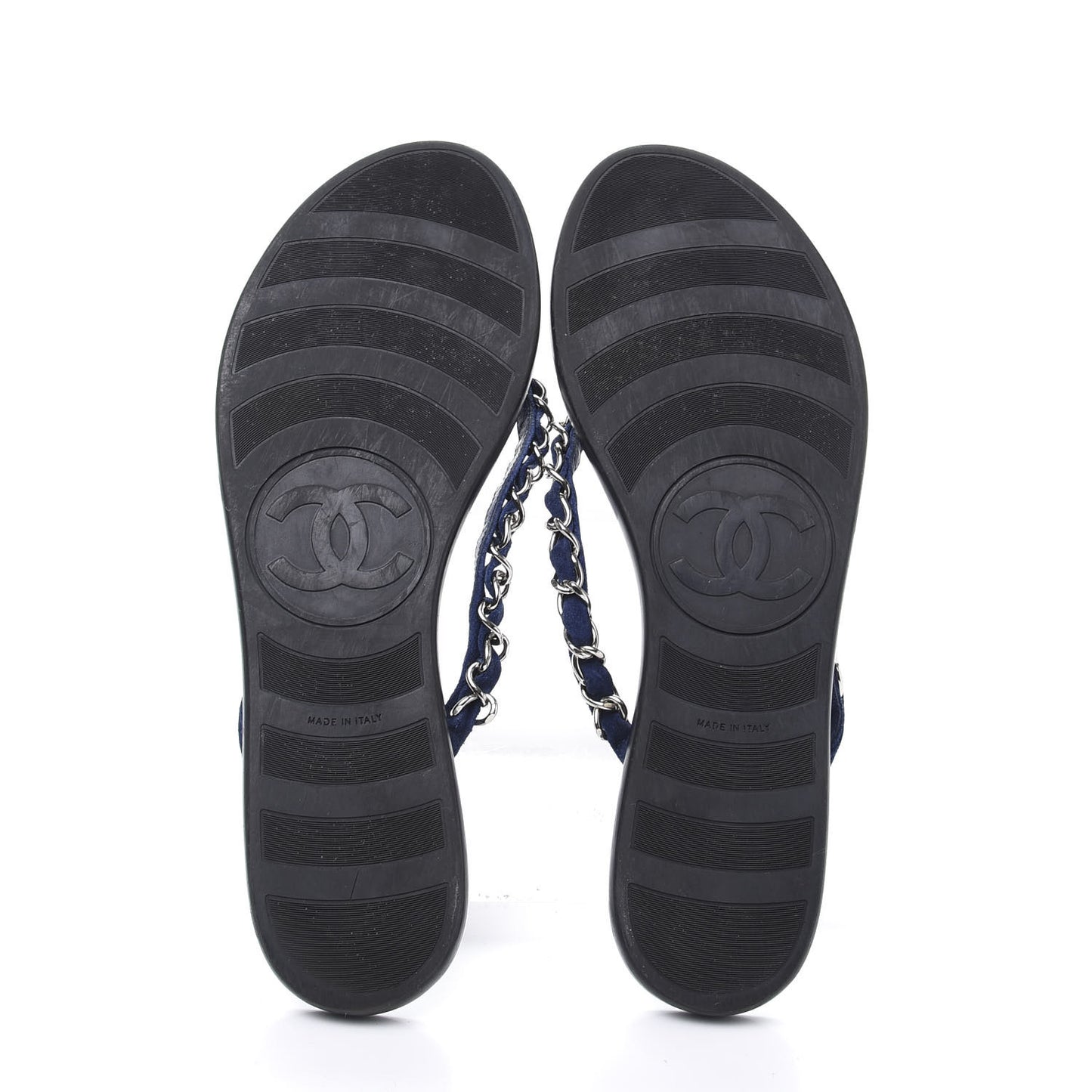 Suede Calfskin Quilted Chain Thong Sandals 40.5 Navy Blue