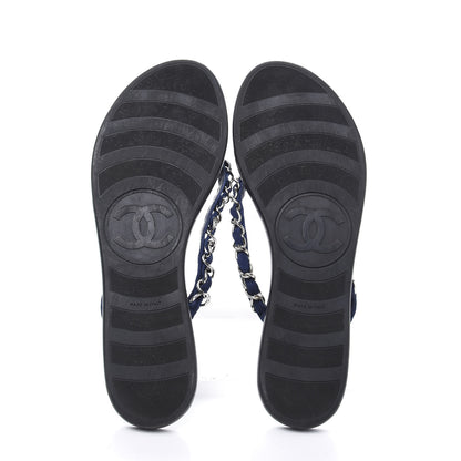 Chanel Suede Calfskin Quilted Chain Thong Sandals 40.5 Navy Blue 5 of 7