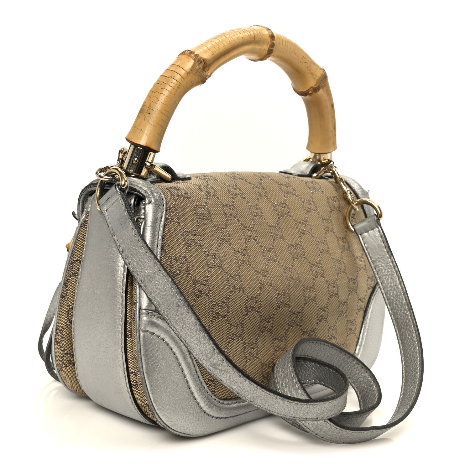 Gucci Monogram Metallic Calfskin Medium New Bamboo Top Handle Bag Silver Beige 3 of 11