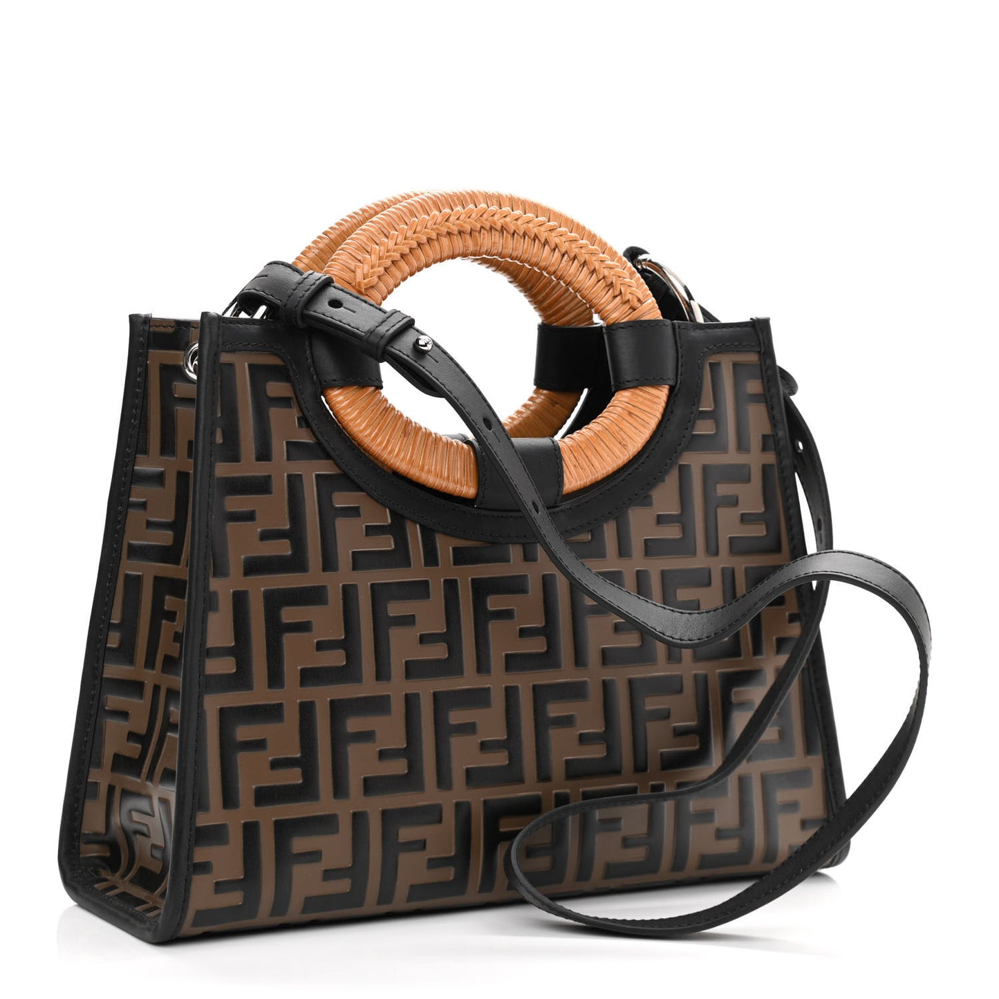 Vitello Century Wicker Bi-Color FF 1974 Embossed Small Runaway Shopper Tote Maya Black