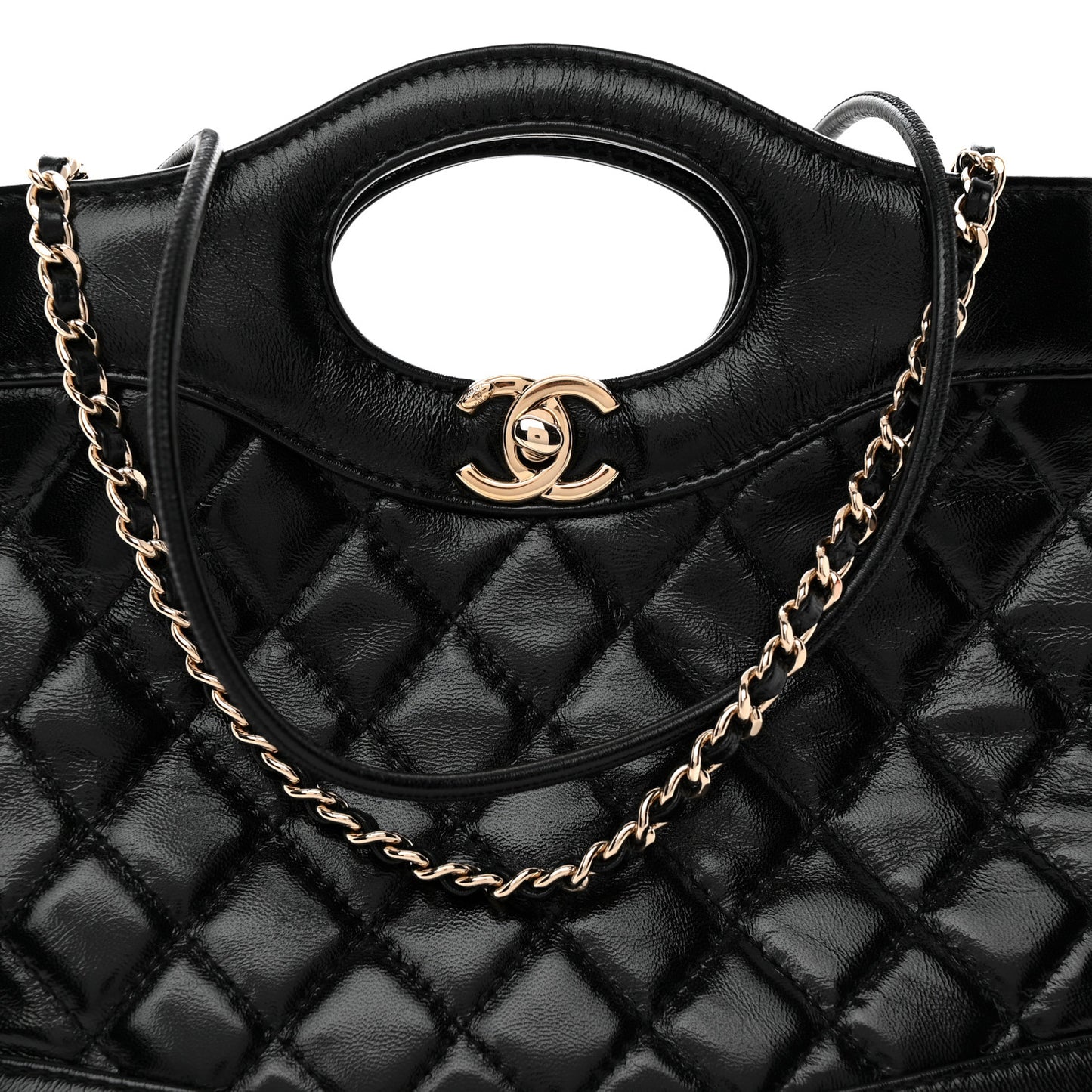 Shiny Lambskin Quilted Mini 31 Shopping Bag Black