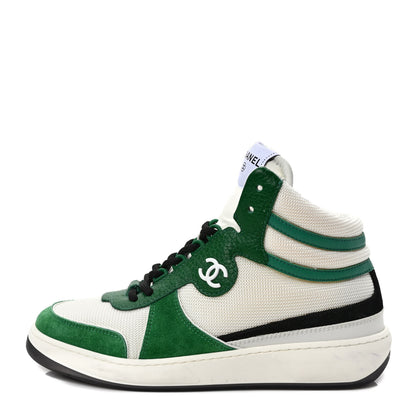 Chanel Suede Fabric Grained Calfskin Womens CC High Top Sneakers 37.5 White Green 1 of 8