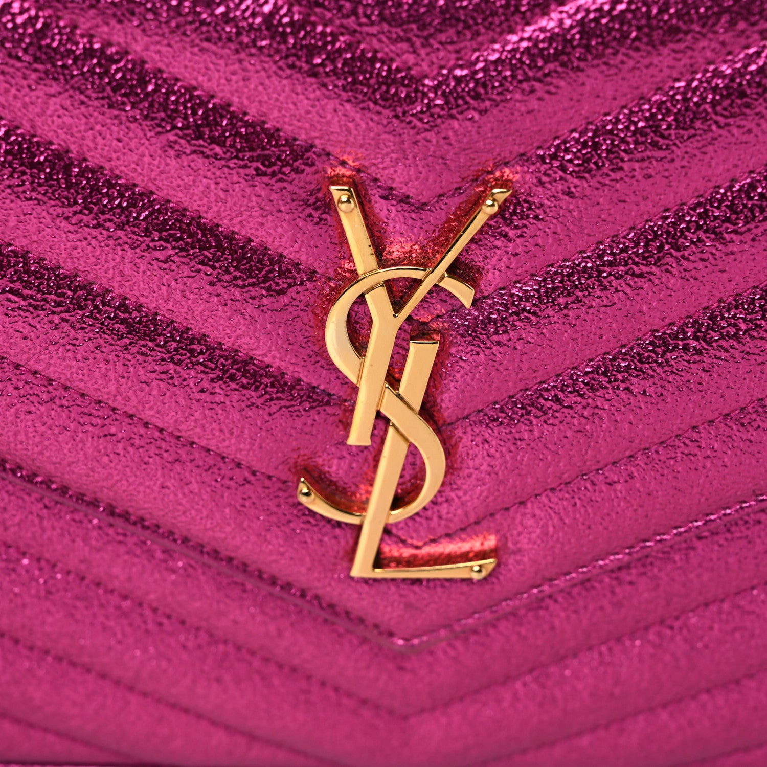 Saint Laurent Metallic Crackled Calfskin Matelasse Chevron Monogram Chain Wallet Fuchsia 16 of 16