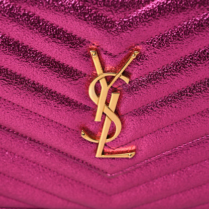 Saint Laurent Metallic Crackled Calfskin Matelasse Chevron Monogram Chain Wallet Fuchsia 16 of 16
