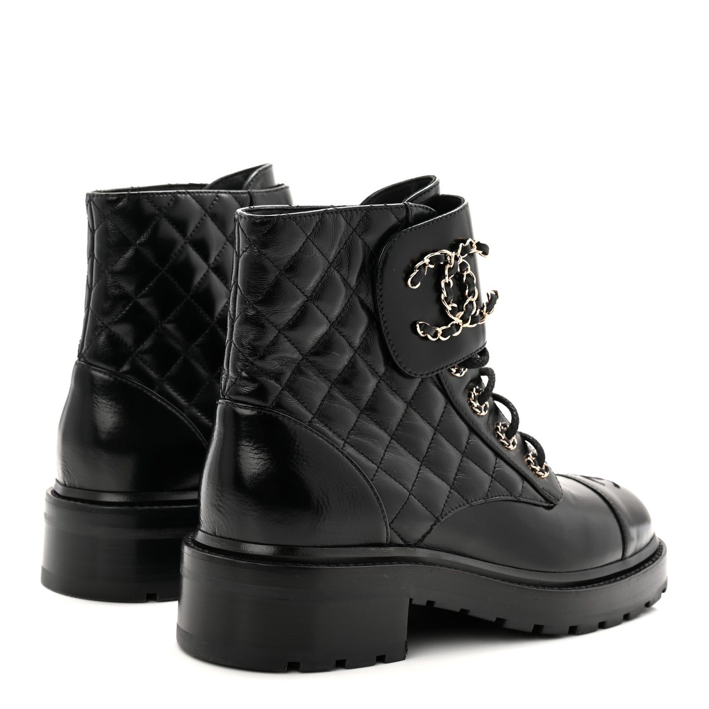 Shiny Calfskin Quilted Lace Up Combat Boots 39 Black