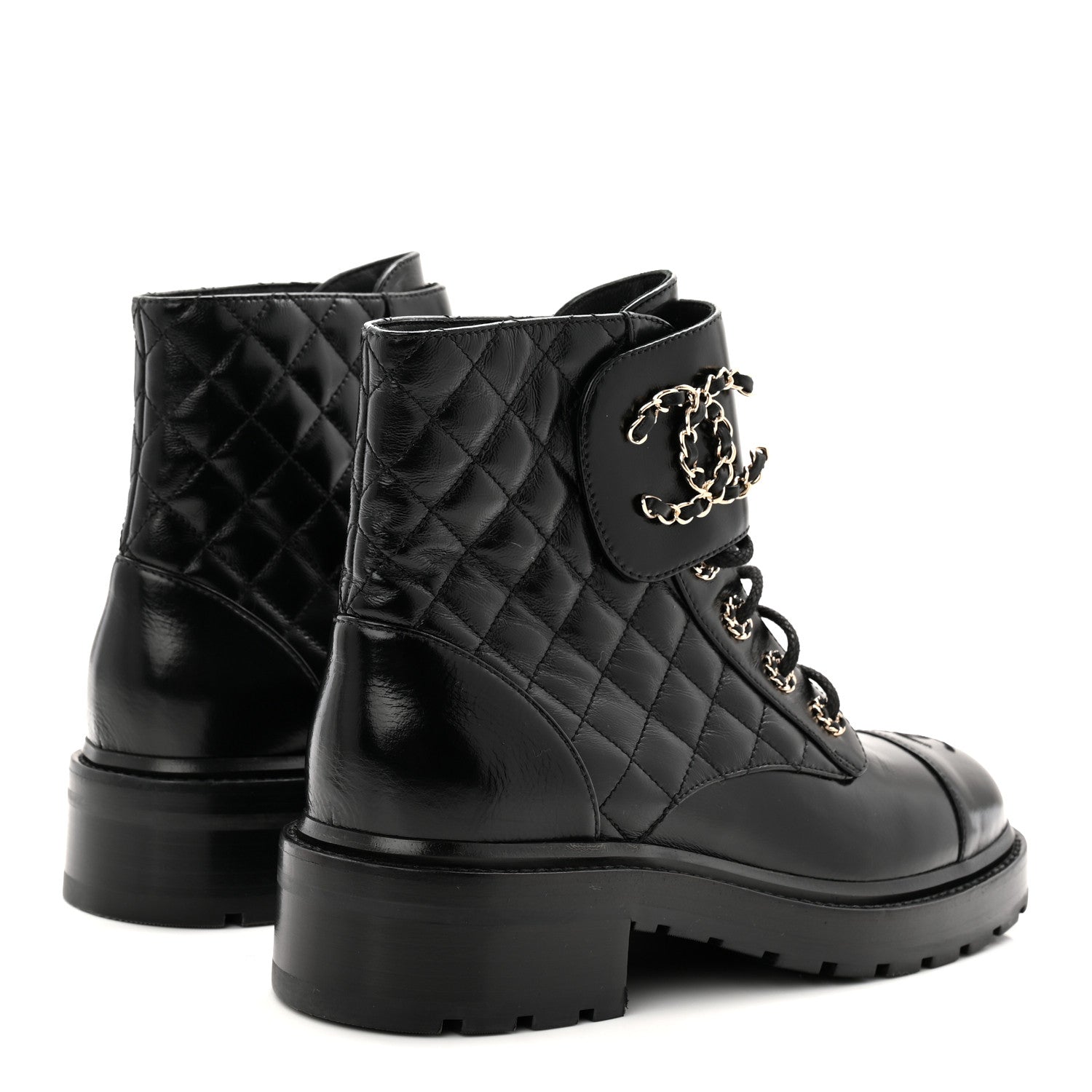 Chanel Shiny Calfskin Quilted Lace Up Combat Boots 39 Black 4 of 11