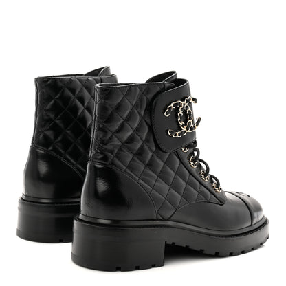 Chanel Shiny Calfskin Quilted Lace Up Combat Boots 39 Black 4 of 11