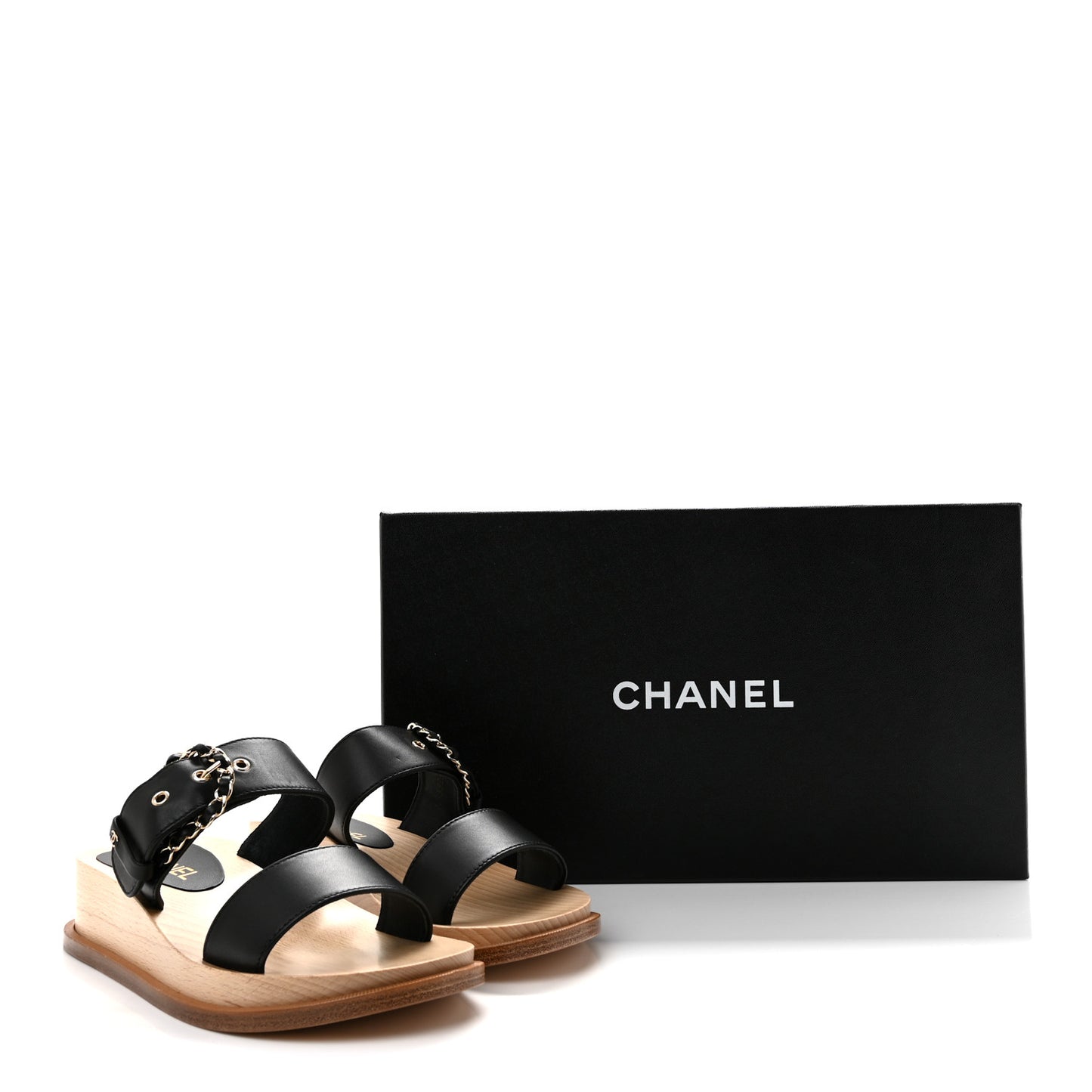 Calfskin Wood Buckle Sandals 36 Black