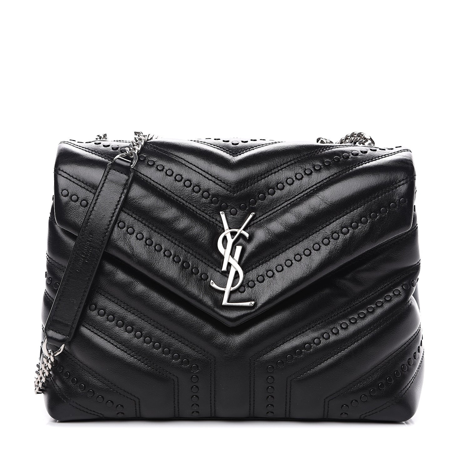 Calfskin Y Quilted Studded Monogram Small Loulou Chain Satchel Black