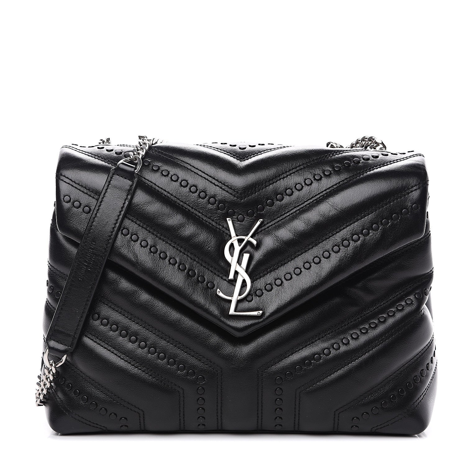 Saint Laurent Calfskin Y Quilted Studded Monogram Small Loulou Chain Satchel Black 1 of 11