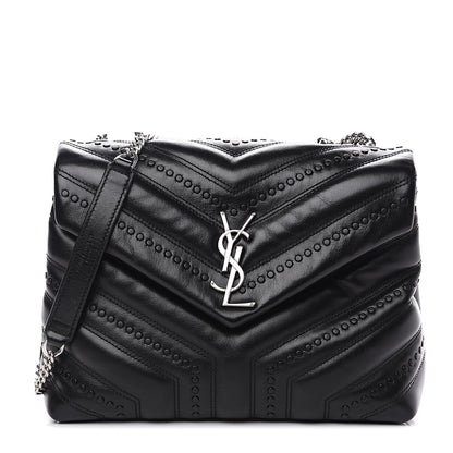 Saint Laurent Calfskin Y Quilted Studded Monogram Small Loulou Chain Satchel Black 1 of 11