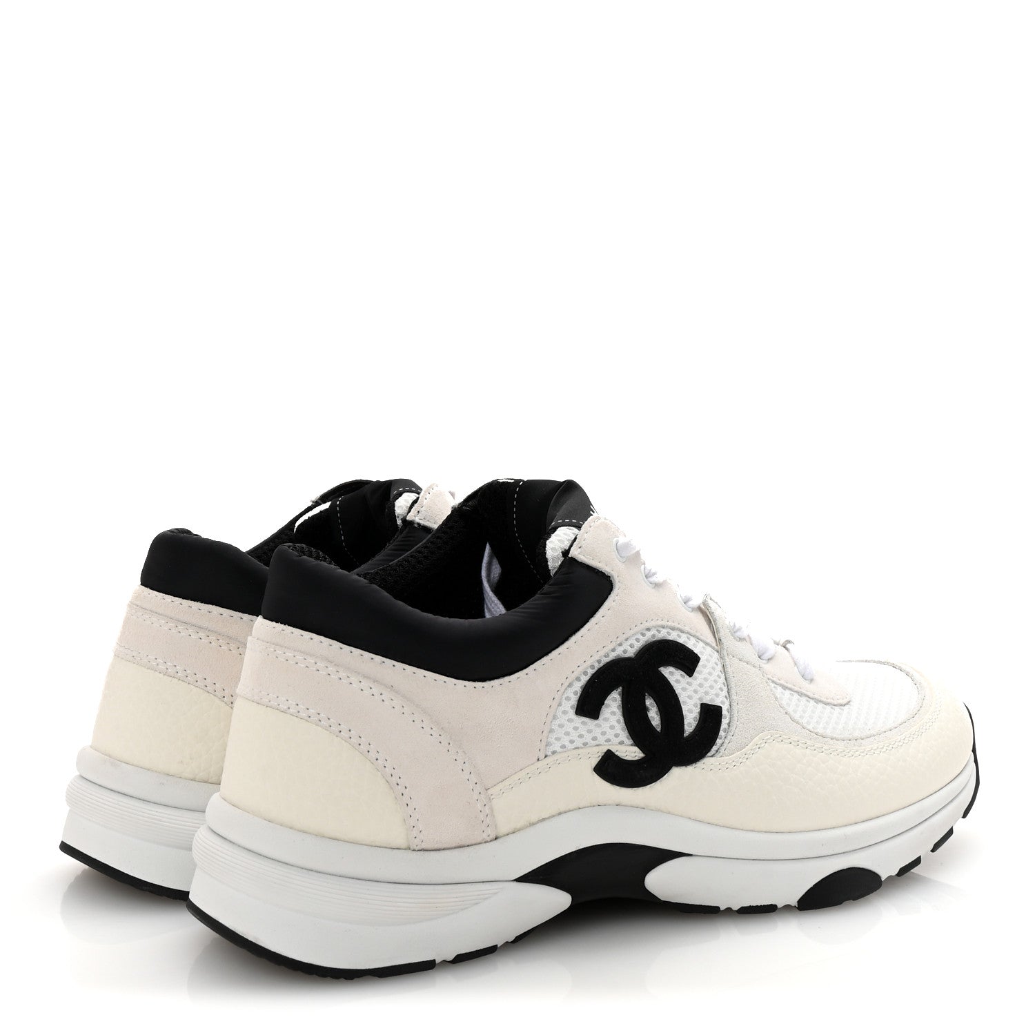 Chanel Mesh Suede Calfskin Grained Calfskin Womens CC Sneakers 38.5 White Black 5 of 10