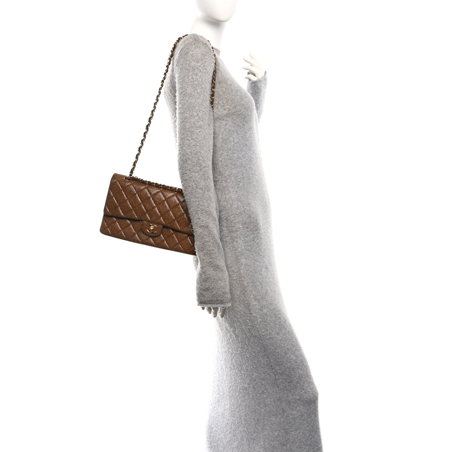 Iridescent Caviar Quilted Medium Double Flap Brown
