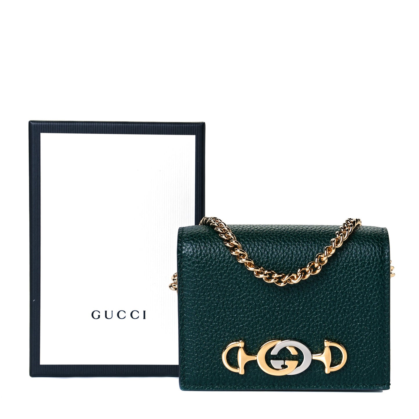 Grainy Calfskin Zumi Chain Card Case Wallet Vintage Green