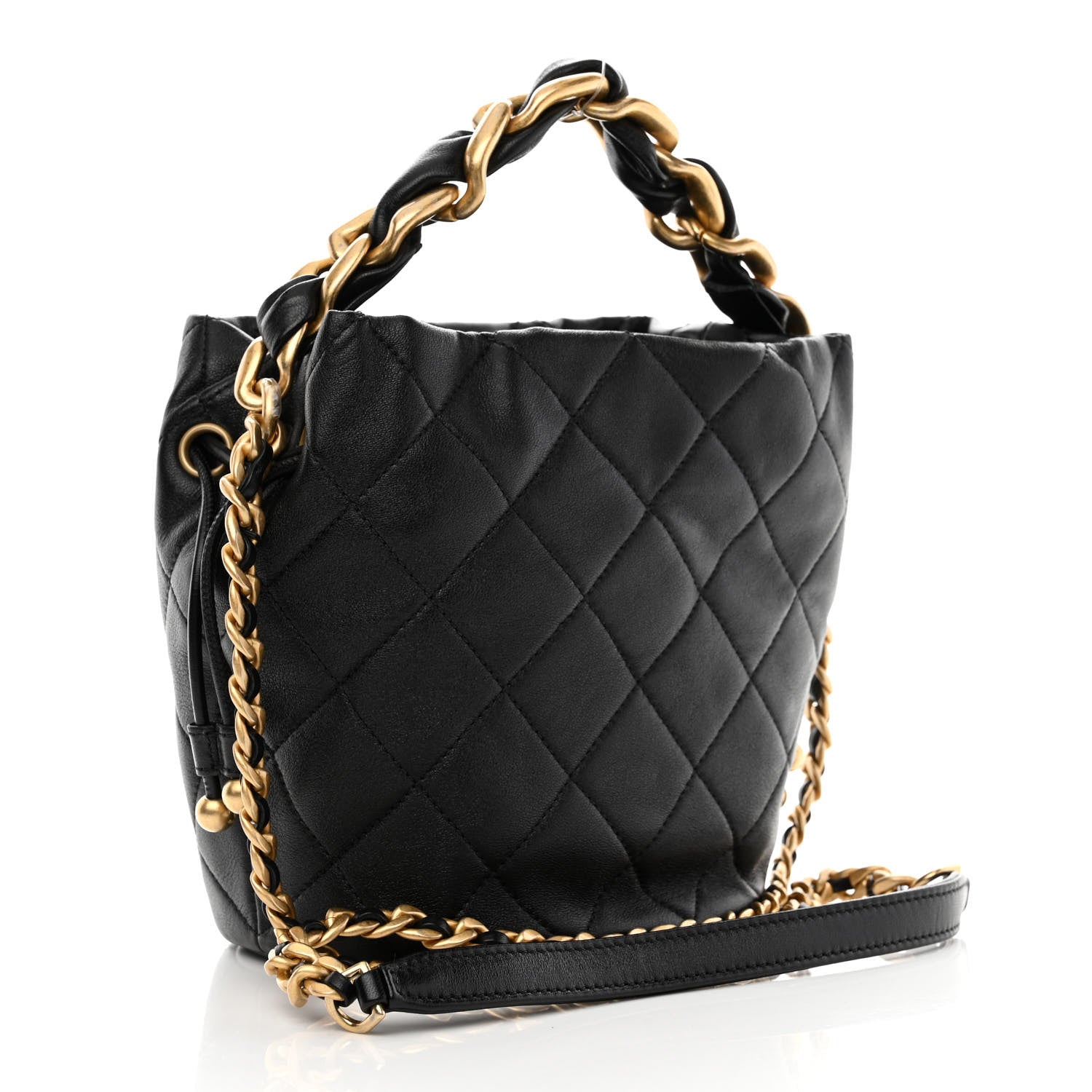 Chanel Shiny Lambskin Quilted Chain Is More Drawstring Bag Black 3 of 10