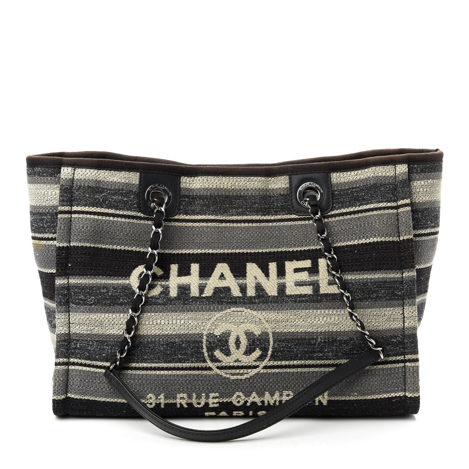 Chanel Striped Canvas Small Deauville Tote Dark Grey 1 of 10