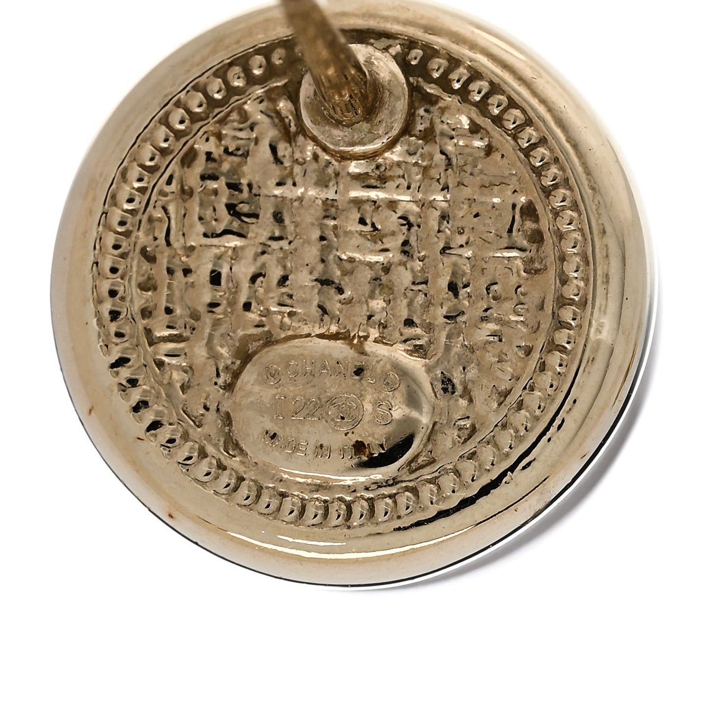 Pearl Crystal Metal CC Round Earrings Gold