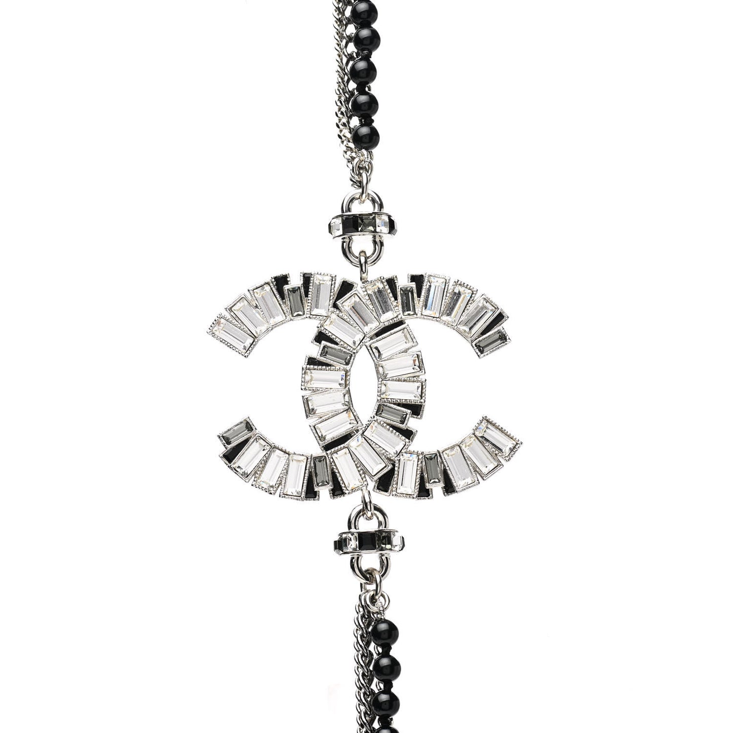 Crystal Baguette CC Multi Strand Long Necklace Silver Black
