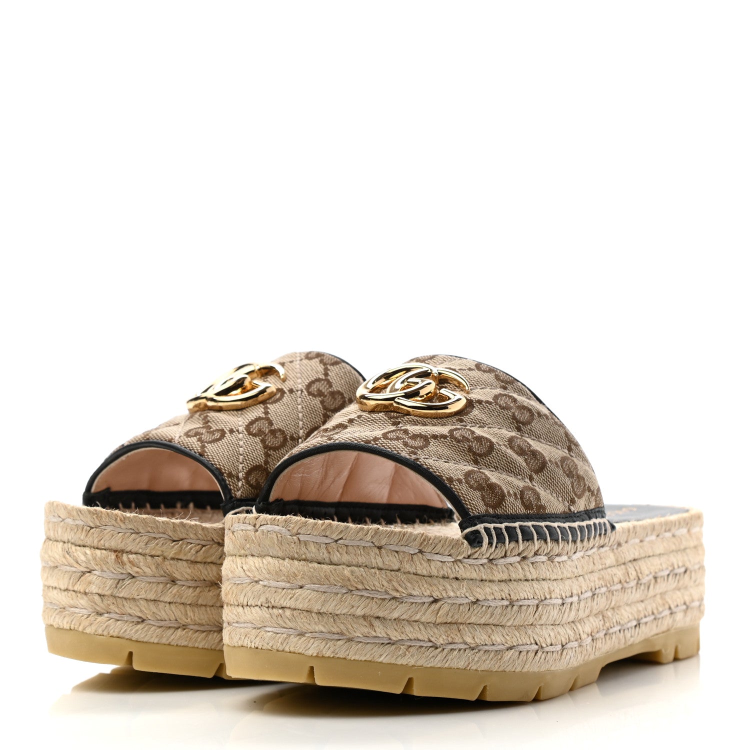 Gucci Monogram Matelasse Diagonal GG Marmont Platform Espadrille Slide Sandals 38 Beige Ebony Black 3 of 8