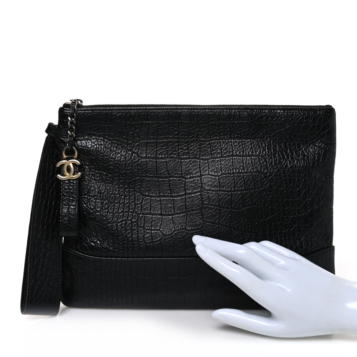 Chanel Calfskin Crocodile Embossed Quilted Medium Gabrielle Cosmetic Case Black 2 of 7