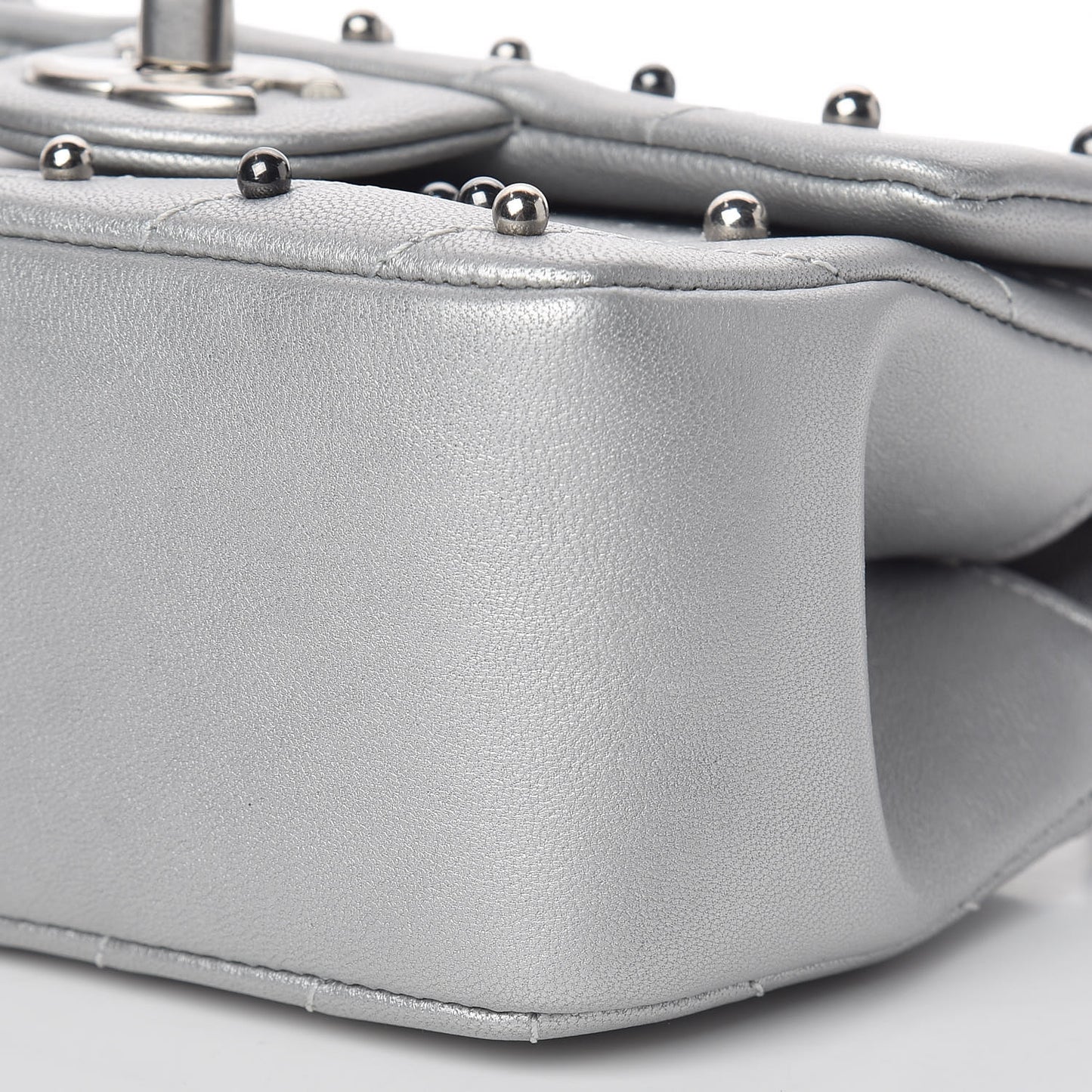 Metallic Lambskin Chevron Quilted Studded Mini Flap Silver