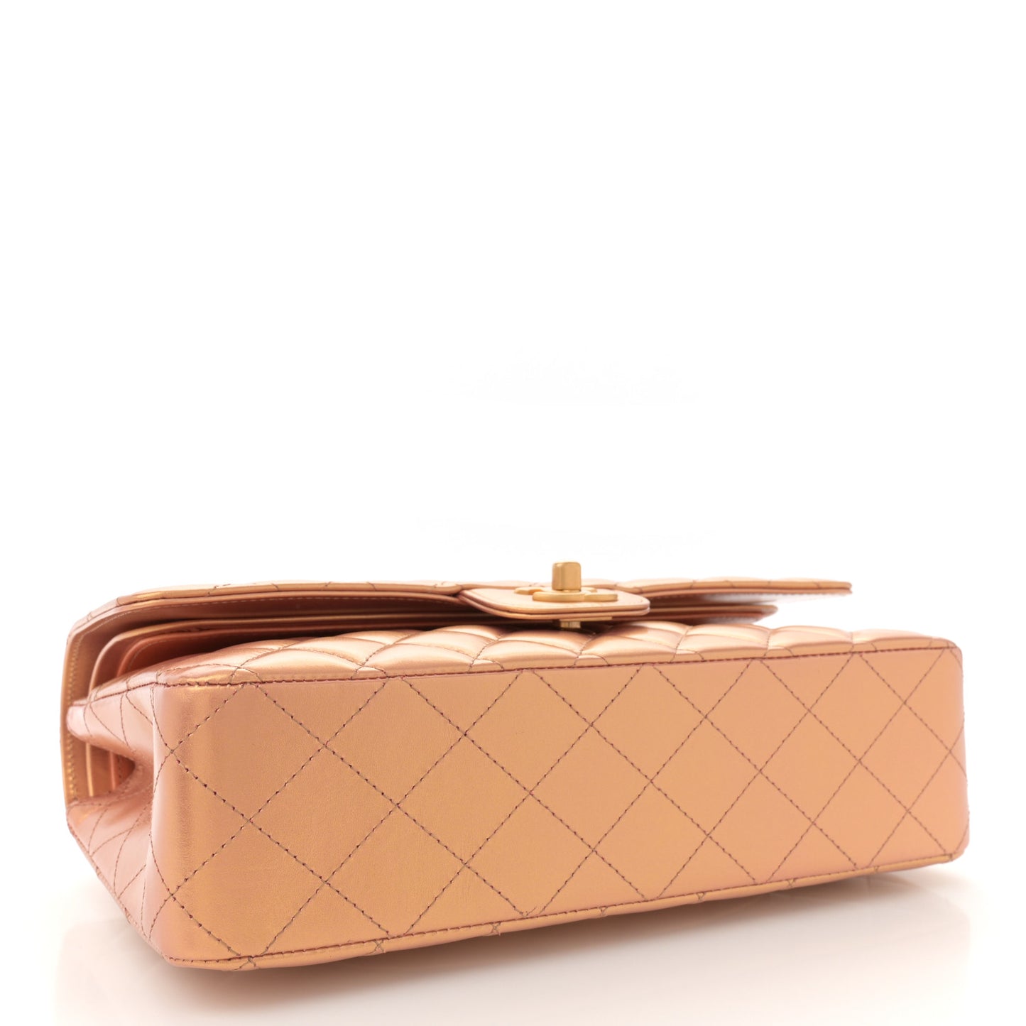 Metallic Lambskin Quilted Medium Double Flap Golden