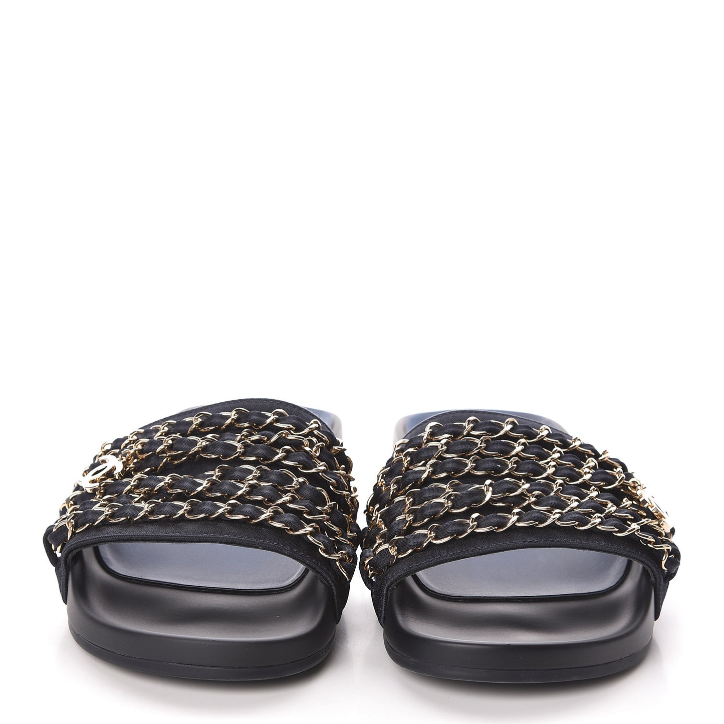 Satin Canvas Chain Slides Sandals Flats 35 Marine