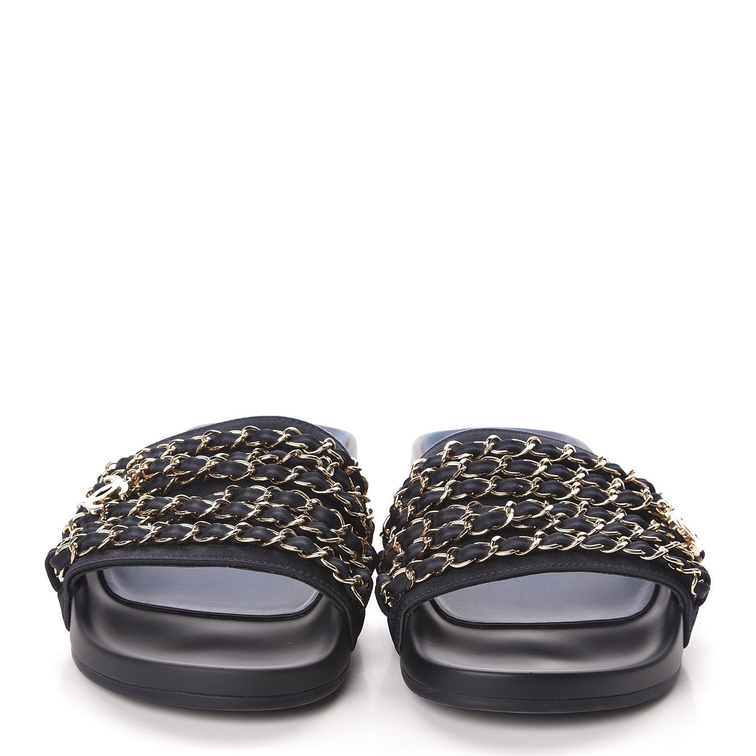 Chanel Satin Canvas Chain Slides Sandals Flats 35 Marine 2 of 8