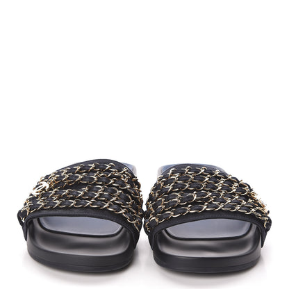 Chanel Satin Canvas Chain Slides Sandals Flats 35 Marine 2 of 8