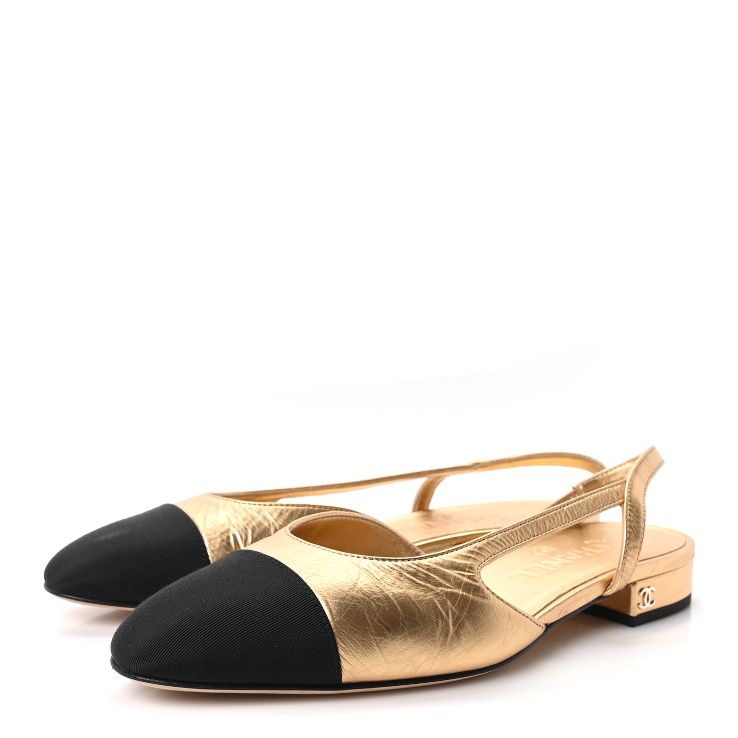 Goatskin Grosgrain Cap Toe CC Slingback Sandals 36 Dark Gold Black