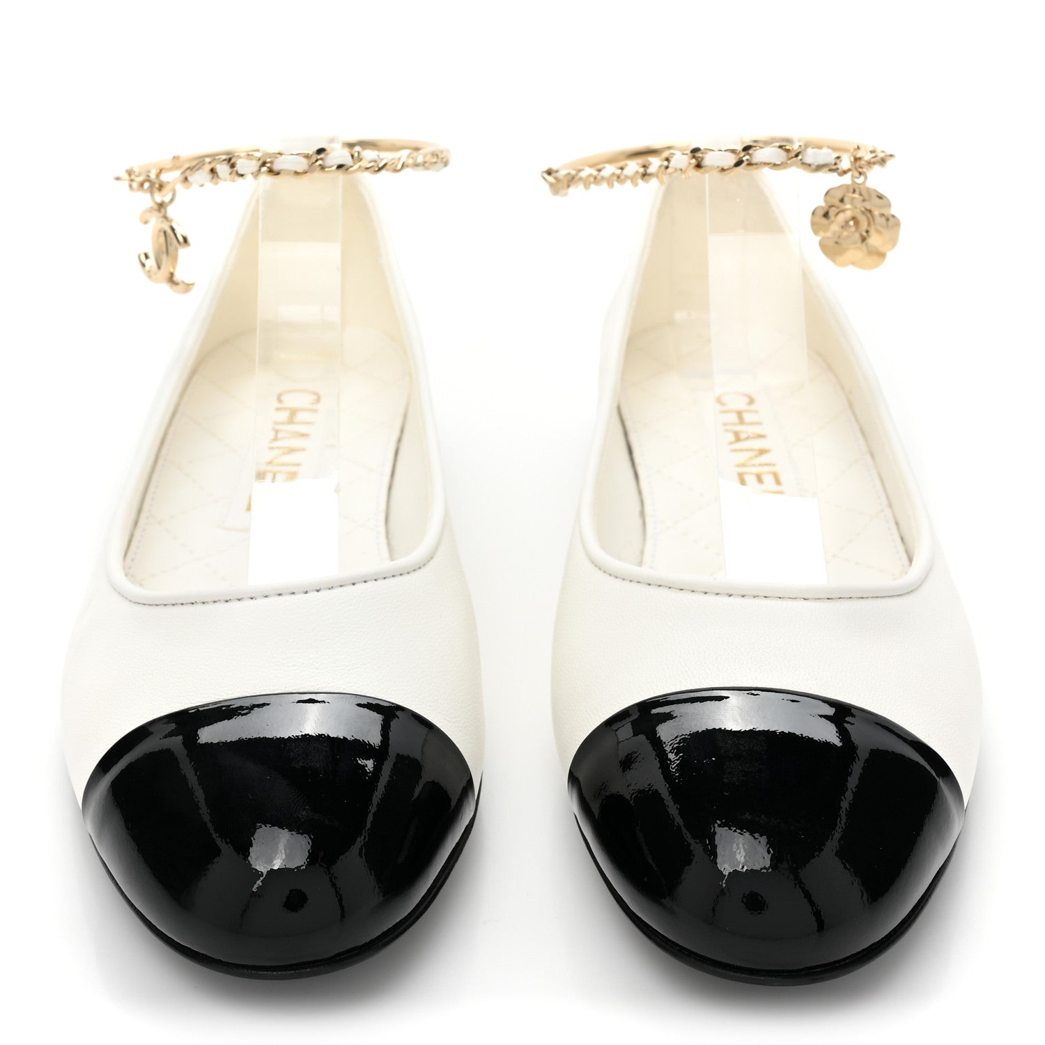Chanel Lambskin Patent Calfskin Cap Toe Ankle Chain Ballerina Flats 36 White Black 2 of 9