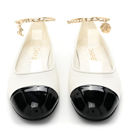 Chanel Lambskin Patent Calfskin Cap Toe Ankle Chain Ballerina Flats 36 White Black 2 of 9
