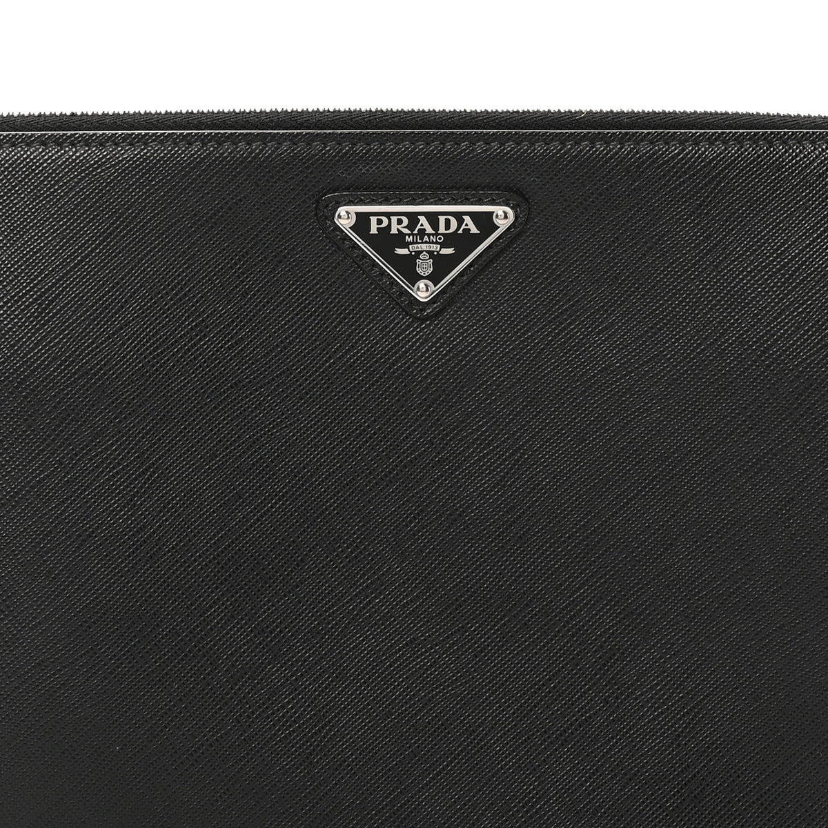 Saffiano Travel Metal Triangle Logo Slip Handle Wristlet Pouch Black