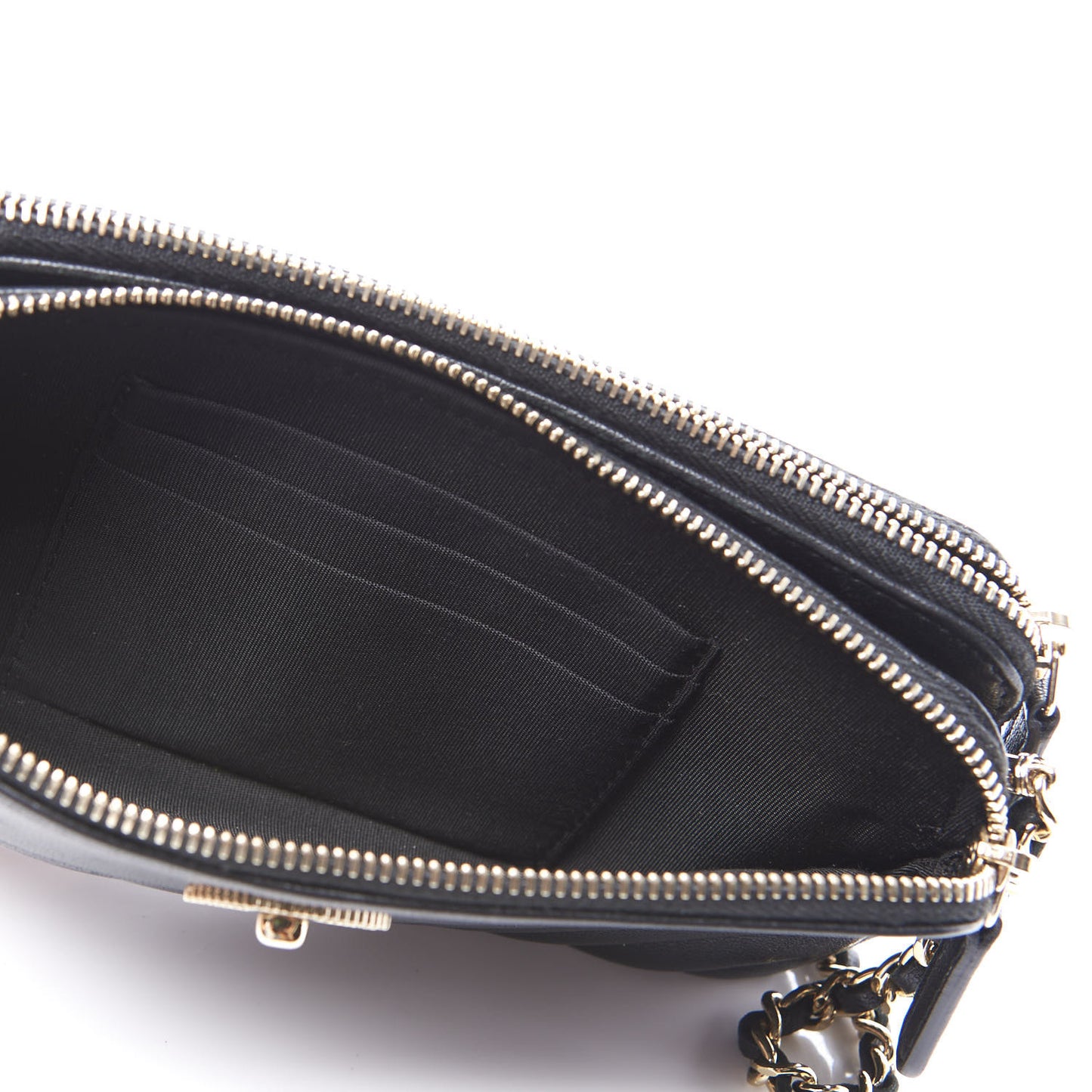 Metallic Sheepskin Chevron Quilted Small Vintage Mademoiselle Clutch With Chain Black